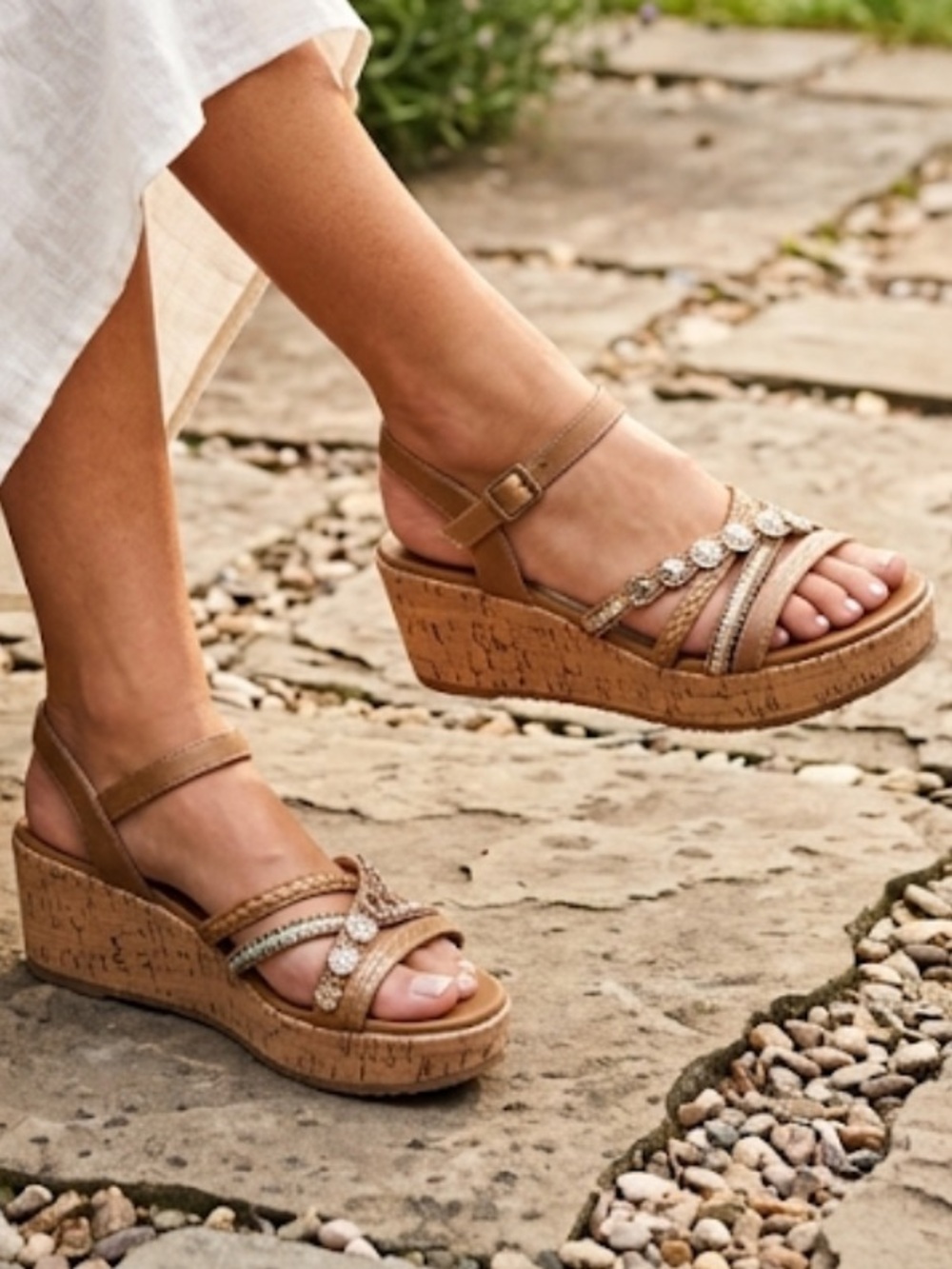 JellyPop Pierre Wedge Sandals Beaded Accents Stylish Cork Wedge Sandal